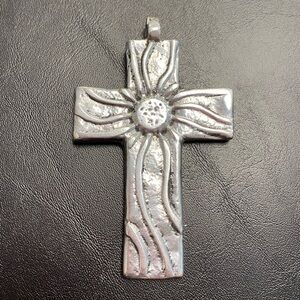 Large Silver Cross Pendant with Floral Design